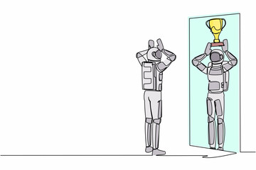 Poster - Continuous one line drawing astronaut looking himself happy in mirror reflection with lifting up trophy cup. Success in space exploration. Cosmonaut outer space. Single line design vector illustration