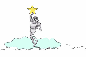 Poster - Continuous one line drawing young astronaut reaching star on the sky. Business champion to get reward in spaceship industry. Cosmonaut outer space. Single line draw graphic design vector illustration