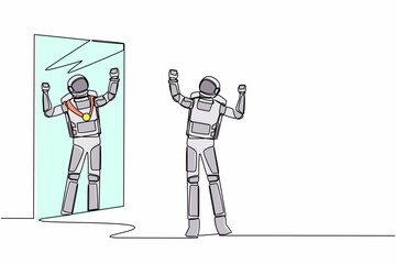 Poster - Single one line drawing astronaut looking at mirror and seeing in reflection of himself with gold medal. Winning space competition. Cosmic galaxy space. Continuous line draw design vector illustration
