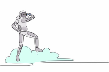 Poster - Single one line drawing young astronaut on cloud holding binocular to search for spaceship business innovation projection. Cosmic galaxy space. Continuous line draw graphic design vector illustration