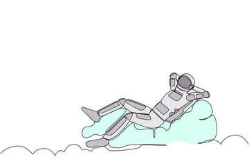 Poster - Single continuous line drawing of young astronaut relaxing laying on clouds after wormhole exploration. Future technology development. Cosmonaut deep space. One line graphic design vector illustration