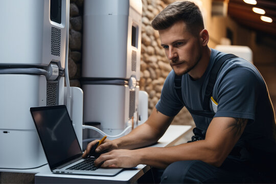 Technician using laptop troubleshooting and configuration setup on charging system for EV car at home.