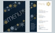 Modèle pour un menu de fêtes, décoré de flocons de neige et de cristaux de glace sur un fond bleu nuit. 