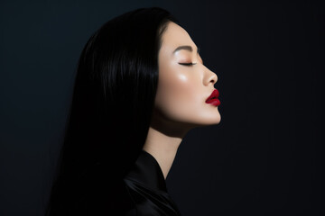 Wall Mural - Portrait of a young beautiful Asian woman wearing red lipstick