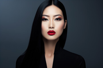 Wall Mural - Portrait of a young beautiful Asian woman wearing red lipstick