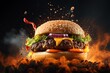a burger with flames coming out of it