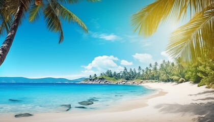Wall Mural - Illustrated painting of beautiful tropical sand beach and blue transparent water of sea. Vacation and traveling to tropical country.