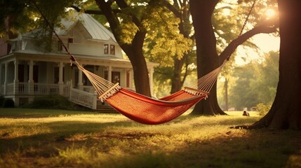 Canvas Print - Hammock Hanging Between Trees with an Old House in the Background