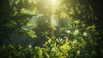 Wall Mural - Lush Plant with Verdant Buds Illuminated by Sunlight