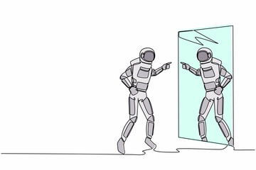 Poster - Continuous one line drawing angry astronaut fight with mirror reflection. Spaceman with mental health problems after interstellar journey. Cosmonaut outer space. Single line design vector illustration