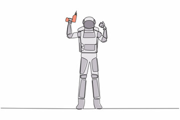 Poster - Continuous one line drawing astronaut hold electric drill tool for repair household. Home decoration. Preparation house reparation. Cosmonaut outer space. Single line draw design vector illustration
