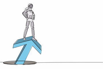 Poster - Continuous one line drawing astronaut standing on big arrow coming out of holes. Spaceman lead financial graph rising from hole. Cosmonaut outer space. Single line graphic design vector illustration