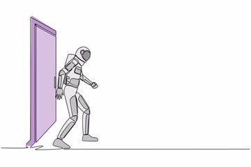 Poster - Single continuous line drawing of young astronaut walking and leaving closed door in moon surface. New space interstellar expedition. Cosmonaut deep space. One line graphic design vector illustration