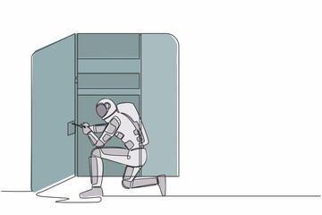 Poster - Single continuous line drawing young astronaut carpenter assembling of wardrobe or cabinet with shelves. Future home decoration. Cosmonaut deep space. One line draw graphic design vector illustration