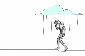 Poster - Continuous one line drawing young astronaut walking under rain cloud. Loneliness in overcast weather. Space company bankruptcy . Cosmonaut outer space. Single line graphic design vector illustration