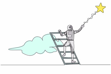 Poster - Continuous one line drawing of young astronaut climbing ladder and reaching star on sky for interstellar expedition success. Cosmonaut outer space. Single line draw graphic design vector illustration