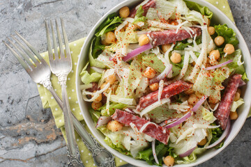 Wall Mural - Simple salad combines salami, mozzarella, chickpeas, iceberg lettuce, and romaine, all topped off with a simple red wine vinaigrette close-up in a bowl. Horizontal top view