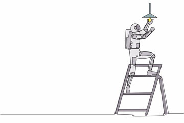 Poster - single continuous line drawing young astronaut electrician on ladder change light bulb. spaceman abi