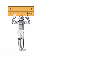 Poster - Single one line drawing young astronaut worker hammering and nailing wood on wall. Spaceman ability to repair operating system. Cosmic galaxy space. Continuous line graphic design vector illustration
