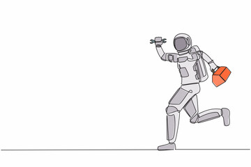 Poster - single continuous line drawing young astronaut mechanic running with tool box in moon surface. techn