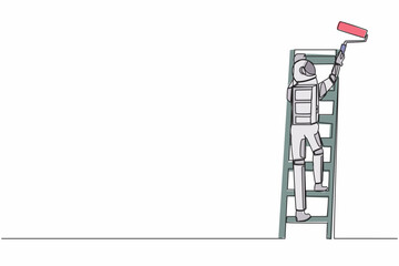 Poster - Single one line drawing astronaut painter standing on ladder and paints wall in future home. Ability to repair operating system. Cosmic galaxy space. Continuous line graphic design vector illustration