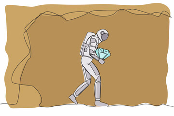 Poster - Continuous one line drawing young astronaut carrying big diamond from moon underground. Success in galactic spaceship exploration. Cosmonaut outer space. Single line graphic design vector illustration