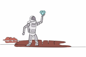 Poster - single one line drawing young astronaut hold and find diamond from ground. excited treasure seeker w