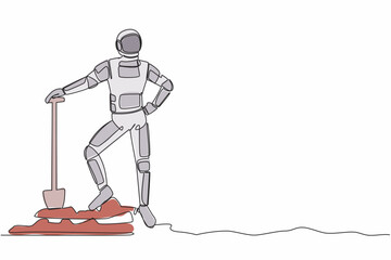 Poster - Single continuous line drawing of young astronaut standing and holding shovel on dug ground. Excited spaceman find treasures in dirt. Cosmonaut deep space. One line graphic design vector illustration