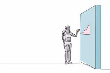 Poster - Single continuous line drawing astronaut drawing profit graph on wall in moon surface. Analysis economic opportunity in space company. Cosmonaut deep space. One line graphic design vector illustration