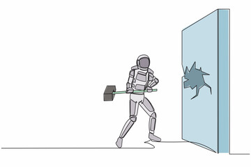 Poster - Continuous one line drawing astronaut breaks and hitting wall with hammer. Achievement way for success space expedition project. Cosmonaut outer space. Single line graphic design vector illustration