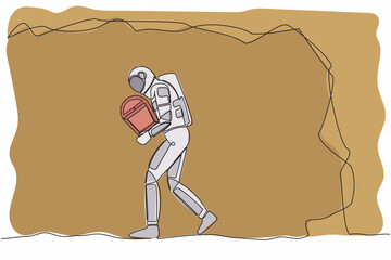 Poster - Single continuous line drawing young astronaut carrying treasure chest from moon underground. Treasure digging, growth wealth process. Cosmonaut deep space. One line graphic design vector illustration