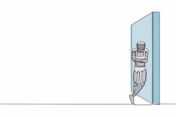 Poster - Continuous one line drawing young astronaut standing and leaning against wall in moon surface. Thinking about space exploration. Cosmonaut outer space. Single line graphic design vector illustration
