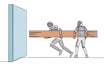 Poster - Single continuous line drawing two astronaut holding large log together to destroying wall. Teamwork in space technology development. Cosmonaut deep space. One line graphic design vector illustration