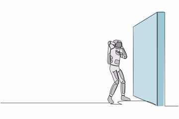 Poster - Continuous one line drawing of astronaut standing and confused in front of brick wall barriers. Stressed due to space expedition. Cosmonaut outer space. Single line graphic design vector illustration