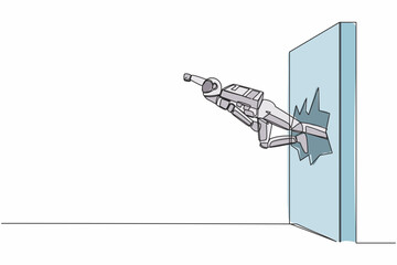 Poster - Single one line drawing young astronaut punch and break the wall. Flying spaceman breaks the wall in moon surface. Cosmic galaxy space concept. Continuous line draw graphic design vector illustration