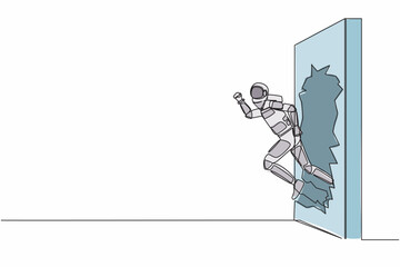 Poster - Single continuous line drawing young astronaut run and breaking through brick wall in moon surface. Future spaceship tech development. Cosmonaut deep space. One line graphic design vector illustration