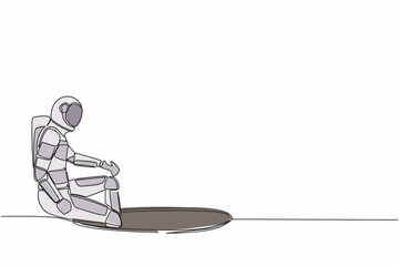 Poster - Continuous one line drawing astronaut descends into the hole. Failure to take advantage of spaceship business opportunities. Cosmonaut outer space. Single line draw graphic design vector illustration