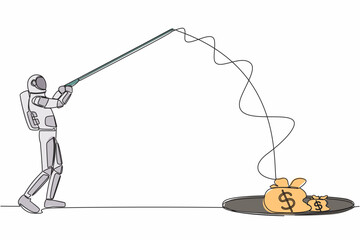 Poster - single one line drawing astronaut holding fishing rod got big money bag from hole. spaceman catching