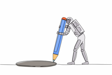Poster - Single continuous line drawing astronaut making circle of holes with large pencil. Spaceship business cheating with making hole trap. Cosmonaut deep space. One line graphic design vector illustration