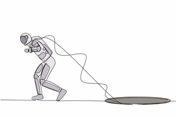 Poster - Continuous one line drawing astronaut trying hard pulling rope to drag something from hole, facing space exploration problem. Cosmonaut outer space. Single line draw graphic design vector illustration