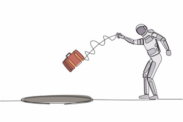 Poster - Single one line drawing young astronaut throws briefcase into hole. Failure to take advantage of space business opportunities. Cosmic galaxy space. Continuous line graphic design vector illustration