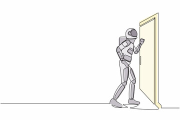 Poster - Single continuous line drawing young astronaut knocking at door in moon surface. Spaceman standing at entrance of room knocking door. Cosmonaut deep space. One line graphic design vector illustration