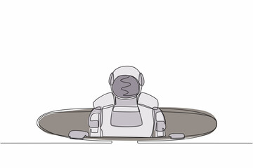 Poster - Single continuous line drawing young astronaut emerges from hole. Failure to take advantage of space expedition opportunities. Cosmonaut deep space concept. One line graphic design vector illustration