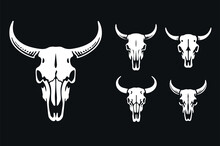 Beautiful Cow Skull On A Black Background. Vector Illustration Set.