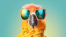 Creative Animal Concept. Parrot Bird In Sunglass