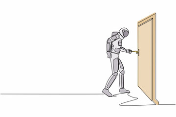 Poster - Single one line drawing astronaut insert key into keyhole which is on the door. Spaceman open office room door in moon surface. Cosmic galaxy space. Continuous line graphic design vector illustration