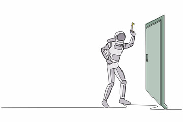 Poster - Continuous one line drawing astronaut lifting key in front of door. Spaceman hold key to open space room. Starting spaceship expedition. Cosmonaut outer space. Single line design vector illustration