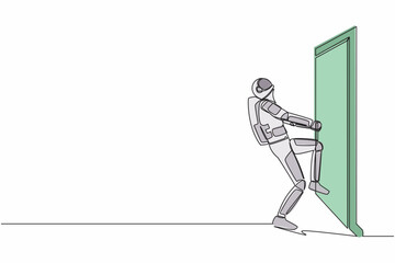Poster - Single one line drawing astronaut pulling closed door knob with power, metaphor to facing problem. Space exploration struggle. Cosmic galaxy space. Continuous line graphic design vector illustration
