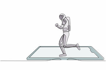 Poster - Continuous one line drawing astronaut running on smartphone screen treadmill. Exercise fitness app and sport. Cardio control digital. Cosmonaut outer space. Single line draw design vector illustration
