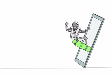 Poster - Single one line drawing of skateboarder astronaut riding skateboard and doing jump trick getting out of smartphone screen. Cosmic galaxy space. Continuous line draw graphic design vector illustration